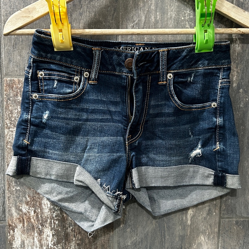 American Eagle Outfitters Dark Blue Distressed Rolled Hem Denim Shorts